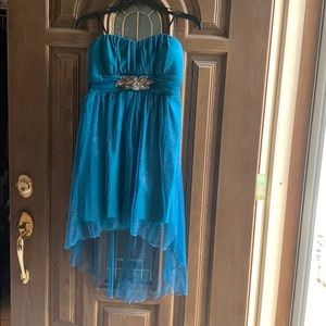 Teal high/low strapless homecoming dress